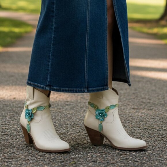Alwaystyle4you Accessories - Women Silver Metal Chain 2 Boot Bracelet Shoe Anklet Baby Blue Flower Charm PAIR
